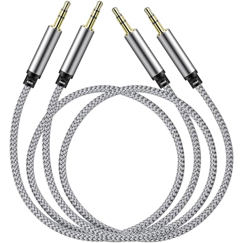 SAISN 3.5mm Audio Aux Cable - 2 Pack 1.5ft Nylon Braided Hi-Fi Stereo Audio TRS Cable for Car Home Stereos, Headphones, Speakers, Laptops, Grey