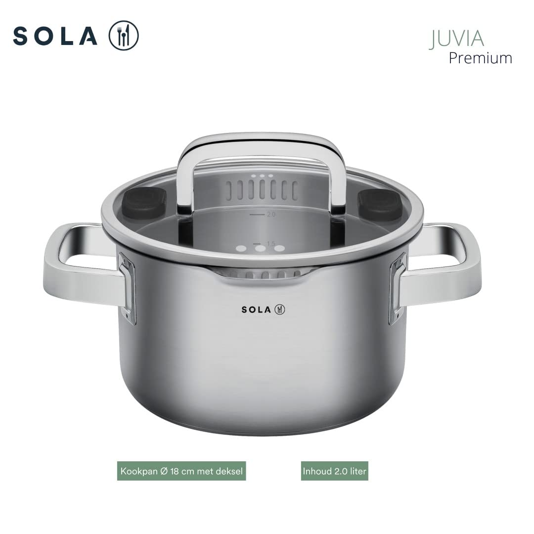 SOLA Juvia SIGNATURE zestaw garnków indukcyjnych, 5-częściowy, zestaw garnków ze szklaną pokrywką i funkcją nalewania, matowa stal nierdzewna 18/10, uchwyty Koudgreep, nadaje się do płyt indukcyjnych, nadaje się do mycia w zmywarce, skala wewnętrzna