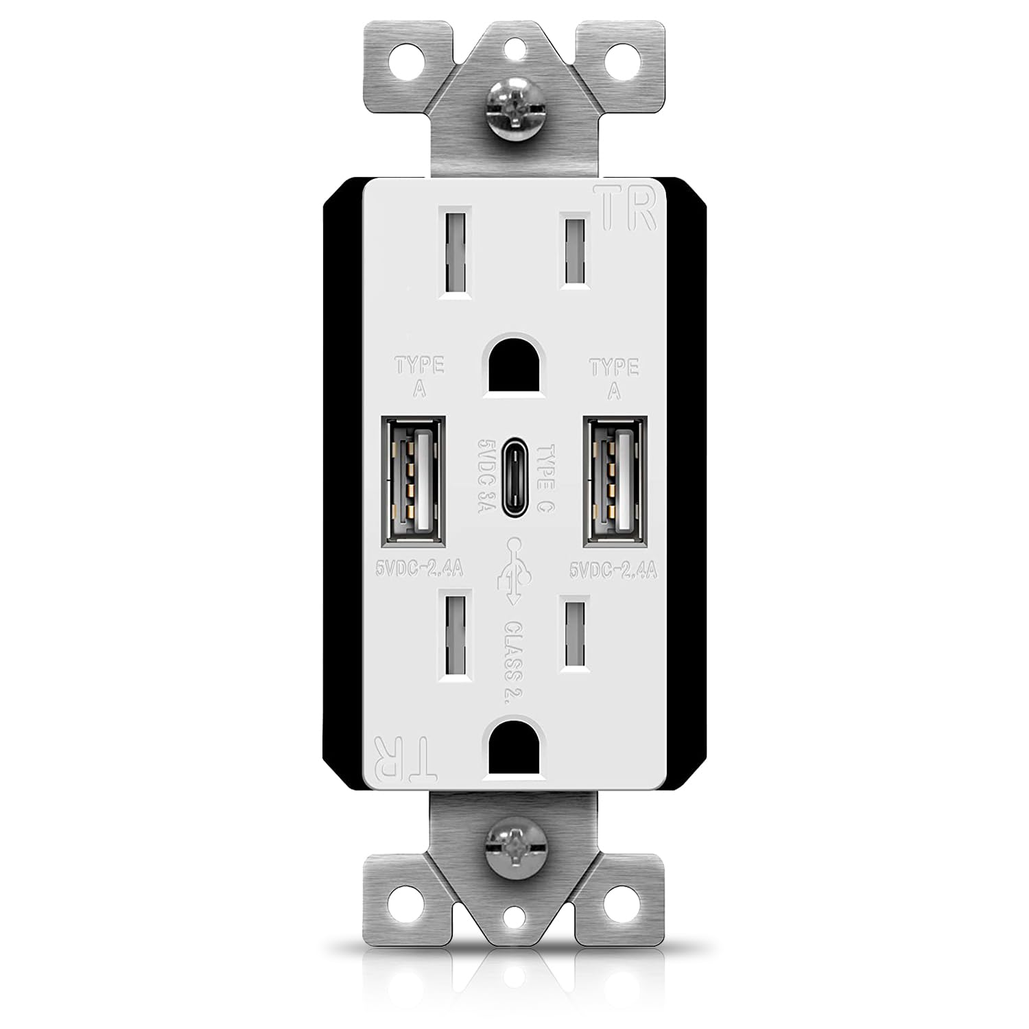 TOPGREENER USB OUTLET, 5.8A 3-Port Type C Wall 15 Amp Tamper-Resistant Receptacle Plug, Compatible with iPhone 15 Series & More, UL Listed, TU21558AC3-2PCS, White, 2 Pack