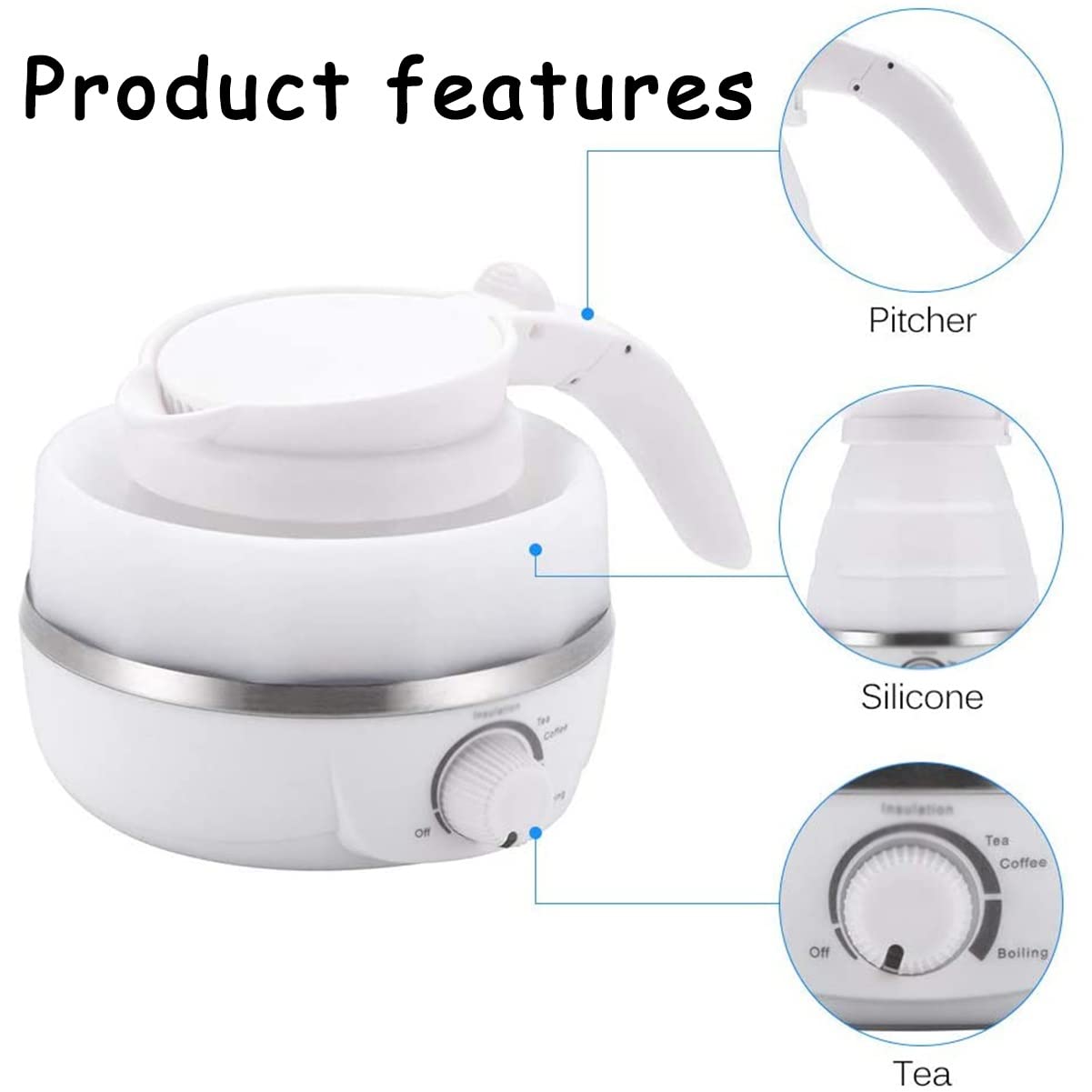 Bouilloire Pliable, Bouilloires Pliables Silictravel de Qualité, avec Double Tension et Cordon d'alimentation Séparable Idéal, Bouilloire Portable pour Voyage pour Randonnée Camping et