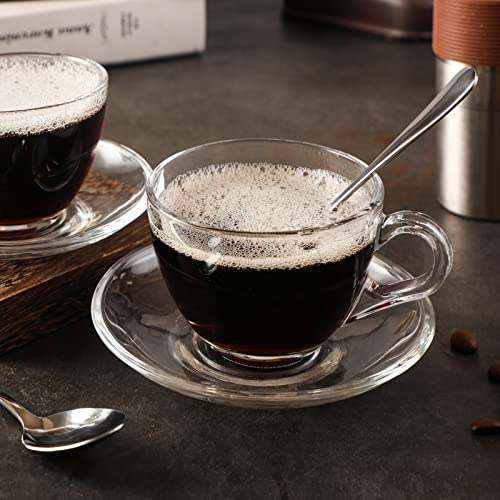 Gurudar Glass Teacup And Saucer Set, 6 Pack Coffee Mug With Stainless Steel Spoon Suitable For Espresso Juice Cappuccino And More Beverage, 7Oz/210Ml, Clear #TOP4