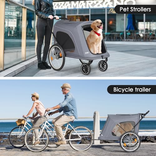 Image of R8 Pro Extra Large Foldable Pet Stroller, Dog Stroller & Pet Trailer for Large Dogs Under 100 lbs, Unmovable, Disabled & Pregnant Dogs - Conveniently Carriable by Bike and Car, Grey
