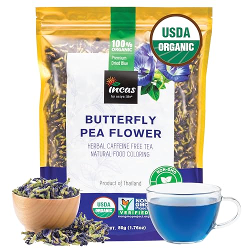 Incas 100% Usda Organic Butterfly Pea Flower 1.76 Oz (150+ Cups) Direct From Source Thailand Non Gmo Verified Dried Caffeine Free Gluten Free Vegan Rich In Antioxidants Free Ebook (50G)