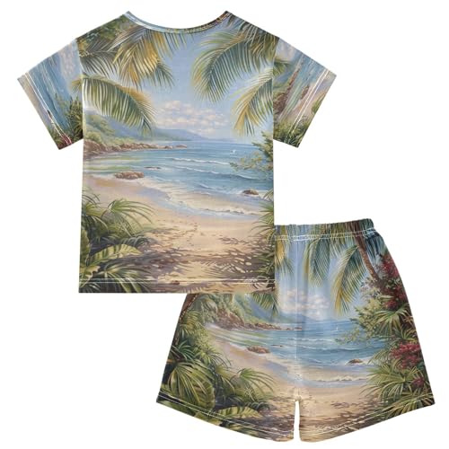 ALAZA Tropical Leaves Beach Landscape Pajama Set Short Sleeve Sleepwear Soft Lounge Nightwear2