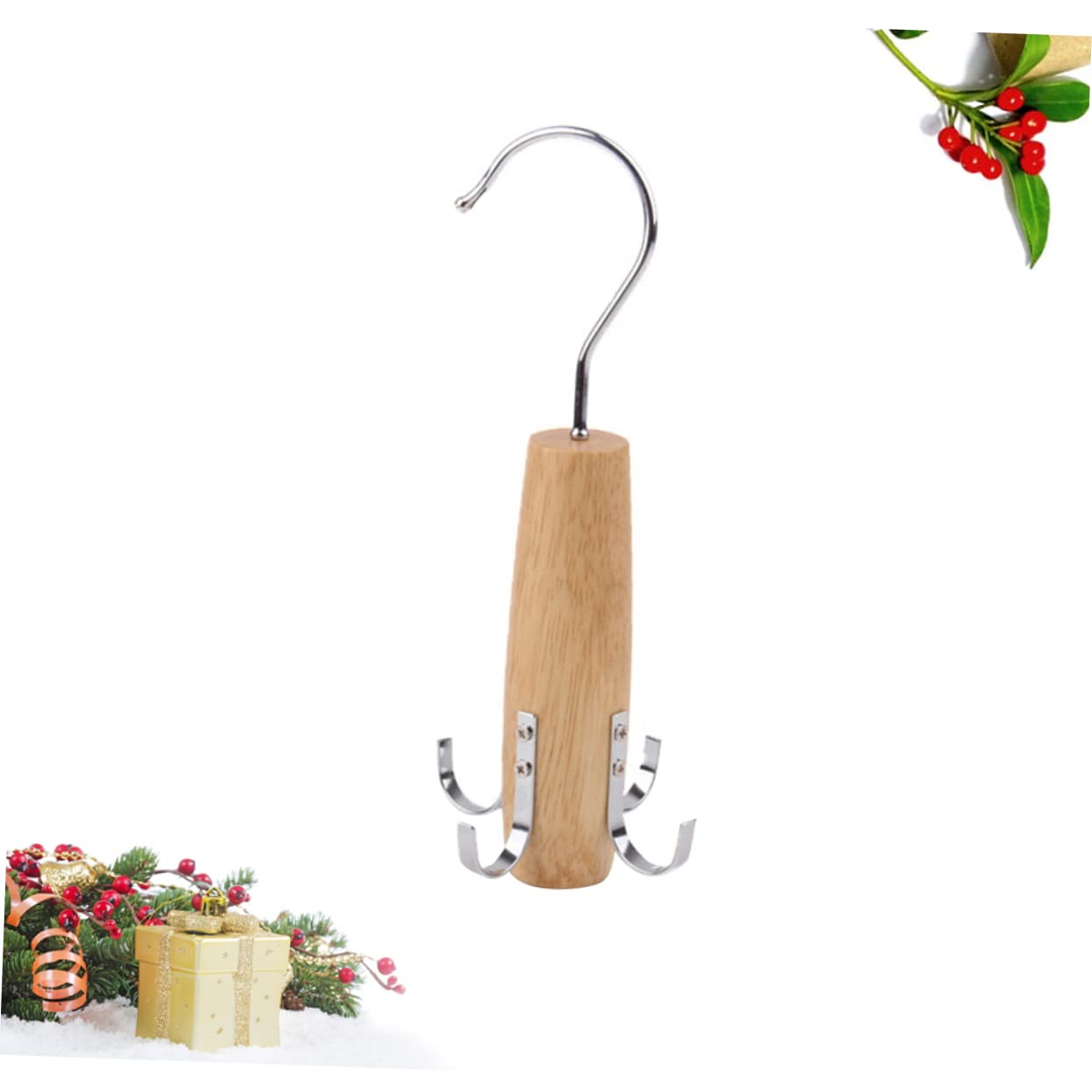 PRETYZOOM Creative Rotating Tie Rack with Hooks Multifunctional Wooden Belt Organizer for Scarves Towels Accessories Space Saving Closet Khaki