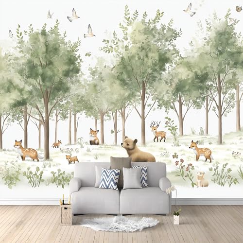 Papier Peint Panoramique Animaux De Dessin Animé Cerf Ours Renard 400x280 cm Papier Peint Intissé Mural, Poster Geant Mural Impression 3D, pour Salon Chambre...