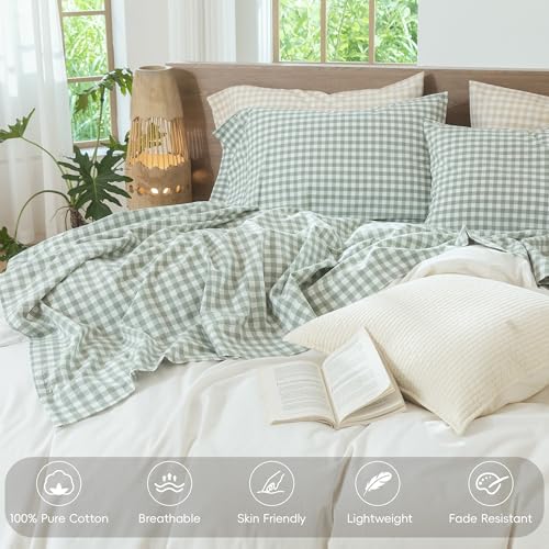 Image of MooMee Gingham Sheet Set 100% Washed Cotton Linen Like Textured Breathable Soft w /Fully Elasticized 16-19 inch Deep Pocket (Classic Gingham Sage Green, Queen)