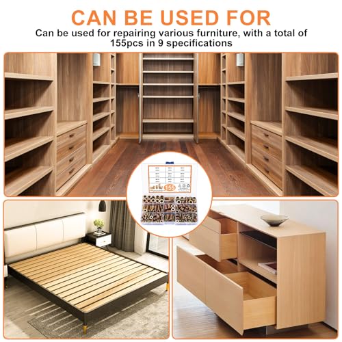 Einschraubmutter Holz, 155 Stück Gewindeeinsatz Muttern, M4 M5 M6 M8 Hex Innensechskantmuttern, Einschraubmuffen, Eindrehmuffe Sortiment Set für Holz Möbel, Farbe Zink