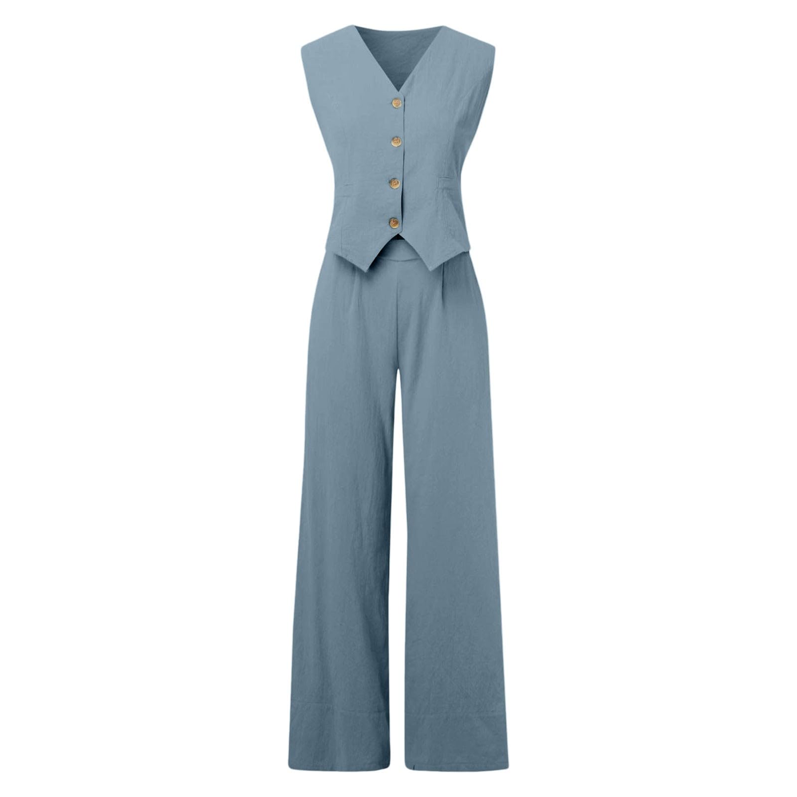 Ensemble 2 pièces pour femme en coton et lin avec col en V, sans manches, boutonné et pantalon à jambes larges, ensemble d'automne assorti élégant pour le bureau