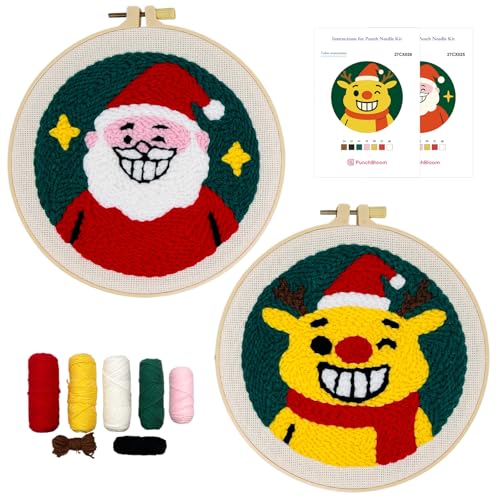 Image of Christmas Punch Needle Kit for Adult Beginner, 2-Pack Santa & Reindeer Easy Punch Embroidery Starter Set with Instruction, Fun DIY Needle Point Craft for Home Decor & Holiday Gift Idea