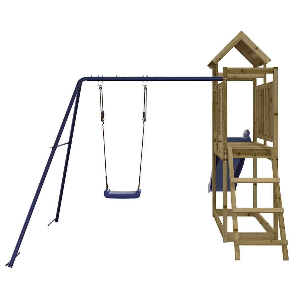 Wieża do zabawy z impregnowanego ciśnieniowo drewna sosnowego ze zjeżdżalnią, huśtawką, drabinką i piaskownicą do ogrodu, platforma 90 cm, 242 x 304 x 214 cm, dla dzieci w wieku od 3 do 8 lat