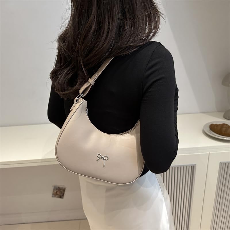 Women PU Armpit Bag with Zipper Bowknot Trendy Handbag Solid Color Leather Shoulder Bag Half Moon Bag for Vacation Travel Commuting2