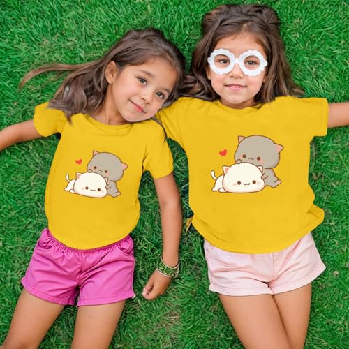 Image of KEEVICI Cute Cat Shirts for Girls Graphic Tees Kids Kawaii Cartoon Animal Print T Shirt Summer Cotton Short Sleeve Tops