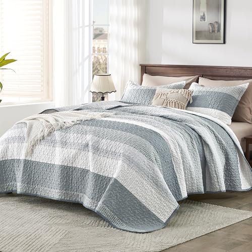 Image of Andency Grey Striped Quilt Set Cal King(104x112Inch), 3 Pieces (1 Quilt and 2 Pillowcases) Patchwork Bedspread Coverlet Set, Soft Lightweight Quilted Bedding Set