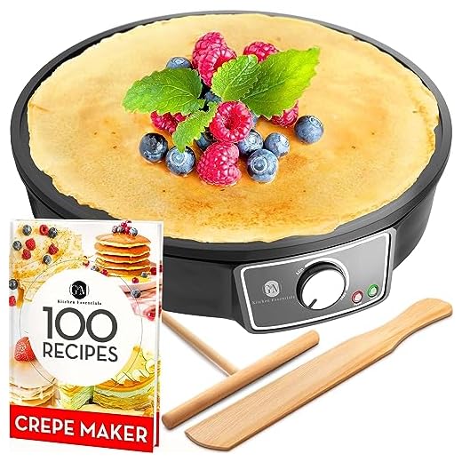 Crepe Maker Machine (Lifetime Warranty), Pancake Griddle – Nonstick 12” Electric Griddle – Pancake Maker, Batter Spreader, Wooden Spatula – Crepe Pan for Roti, Tortilla, Blintzes – Portable, Compact, Easy Clean