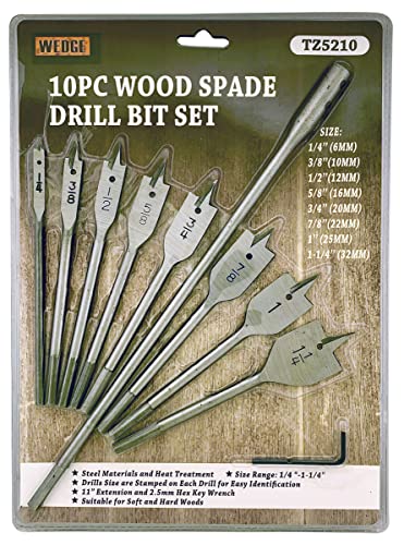 WEDGE 10 Piece Wood Flat Bit Set | 8 Bit Sizes from 1/4