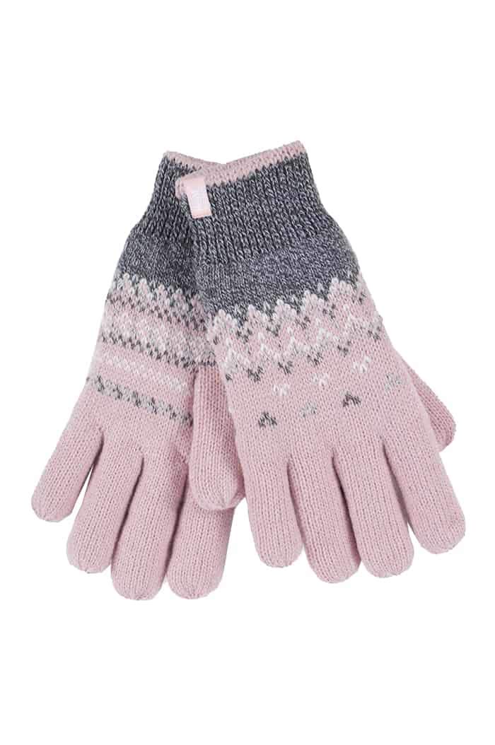 Heat Holders Women's Pink Fairisle Fleece Lined Knitted Warm Winter Thermal Gloves In Medium