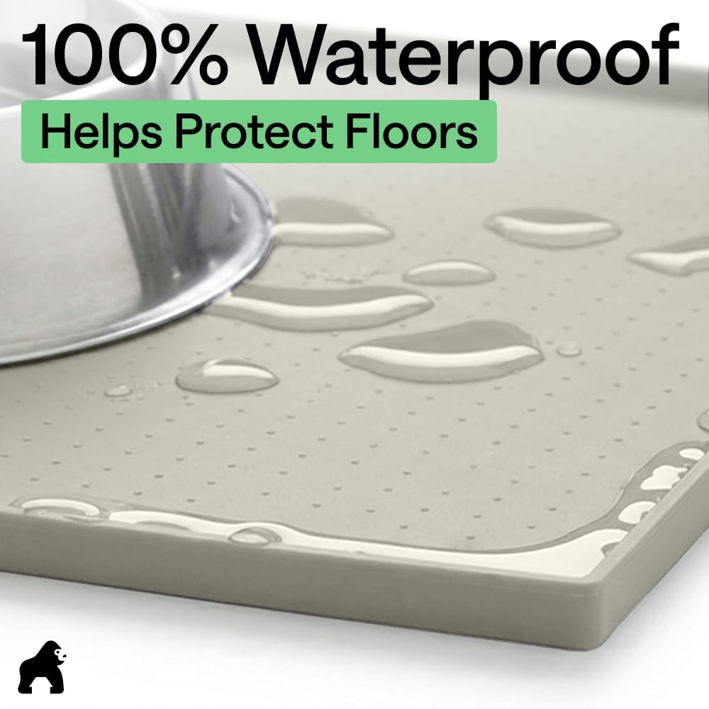 GORILLA GRIP 100% Waterproof Raised Edge BPA Free Silicone Pet Feeding Mat, Dog Cat Food Mats Contain Spills Protects Floors, Placemats for Cats, Dogs Water Bowl, Pets Accessories 32x24 Light Gray