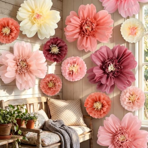 Image of TaoBary Large Colorful Tissue Paper Flowers Giant Fiesta Paper Pom Poms Classroom Wall Decor Mexican Birthday Party Decorations Wedding Backdrop(20 inch and 10 inch,Rose Gold, Blush Pink,12 Pcs)