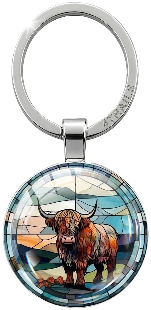 4Trails Unisex Stained Glass Highland Cow Lucky Scottish Blue Keyring