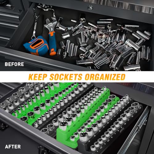 Image of GOOACC 6 PCS Magnetic Socket Organizer, Heavy Duty Socket Organizer Tray 1 /4 inch 3 /8 inch 1 /2 inch SAE Metric Drive Sockets Holds 143 Magnetic Socket Holder for Tool Box Drawer Chest Garage Storage, Black&Green