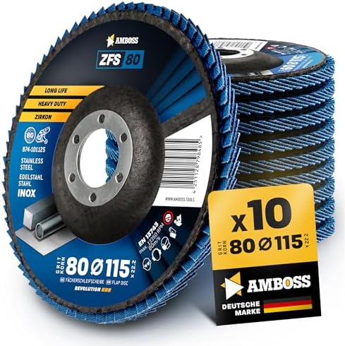 10x Fächerscheibe Ø115mm K80 für Stahl/Edelstahl - Polieren Entroster Kehlnaht schleifen - AMBOSS Werkzeuge ZFS Lamellenschleifscheibe blau Winkelschleifer - Profi Zirkon Schleifmo