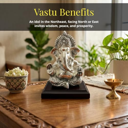 Image of 999 Silver Plated Lord Ganesha Idol Sitting with Intricate Detailing - Vighnaharta Showpiece for Prosperity and Good Fortune - Premium Anti-Tarnish Murti for Temple and Desk