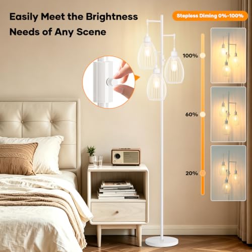 Image of Dimmable Floor Lamp, 3 x 800LM LED Edison Bulbs Included, Farmhouse Industrial Floor Lamp Standing Lamp with Elegant Teardrop Cage Head Tall Lamp for Living Room Bedroom Office Dining Room - White
