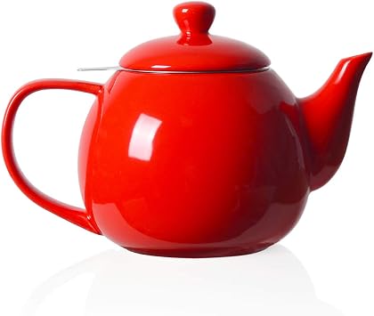Sweejar Porcelain Teapot with Removable Stainless Steel Infuser,Microwave & Dishwasher Safe Tea Pots for Loose Tea,Tea Infuser Pots for Chrismas Women Gift 30oz Red