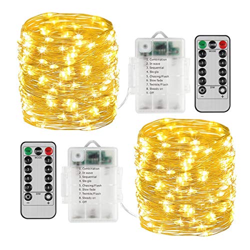 BINZET Fairy Lights Battery Operated - 33Ft 100LED Sliver Wire String Lights Waterproof 8 Modes LED Lighting String with Remote Control for Christmas Wedding Party Home DIY Decor, Warm White 2 Pack