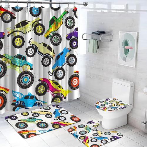 Monster Truck Shower Curtain Boys Bathroom Sets 4 Piece, Waterproof