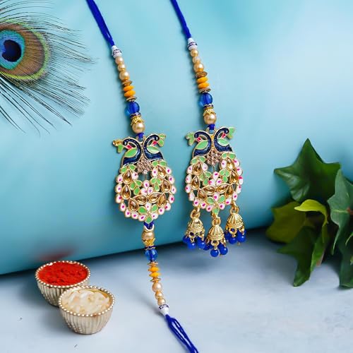 Image of Bhai Bhabhi Rakhi Set - Peacock Designer Rakhi with Stone & Pearl Work Lumba with Tassel for Bhabhi | Raksha Bandhan Gift