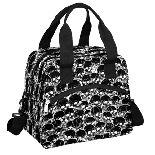 FengQuGou Spooky Skull Halloween Insulated Lunch Bags for Women Girls Adult Ethnic Reusable Lunch Tote Therma Cooler Bag with Shoulder Strap Lunch Box for School Work Office Picnic Meal Prep Bag
