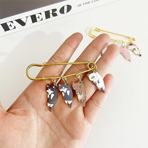 Image of Lovely Cat Charms Gold-Tone Safety Pins - Calico, Ginger, Siamese Cat Dangle Accessory Brooch Pin for Cat Lover Gift