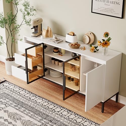 Buffet Cabinet with Storage, Kitchen Side Panel Storage Room with Doors and 3 Drawers, Pantry Cabinet Display Rack, Console, Dining Table Manager Furniture, Living Room Dining Room White - immagine 5