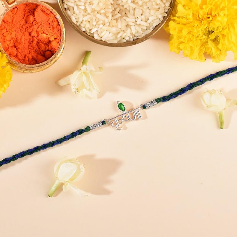 Image of ROOVI Pure 925 Sterling Silver Rakhi for Bhai with Roli Chawal