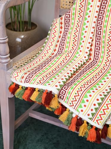 Image of Boho Striped Sofa Throw with Tassels, Multicolour