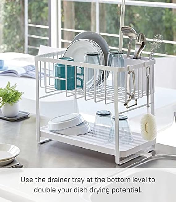 Yamazaki Home Two-Tier Adjustable Dish Drainer Rack, Compact Drying Rack with Hooks, Utensils Holder, Steel, Draining Spout, Water Resistant, No Assembly Req., White