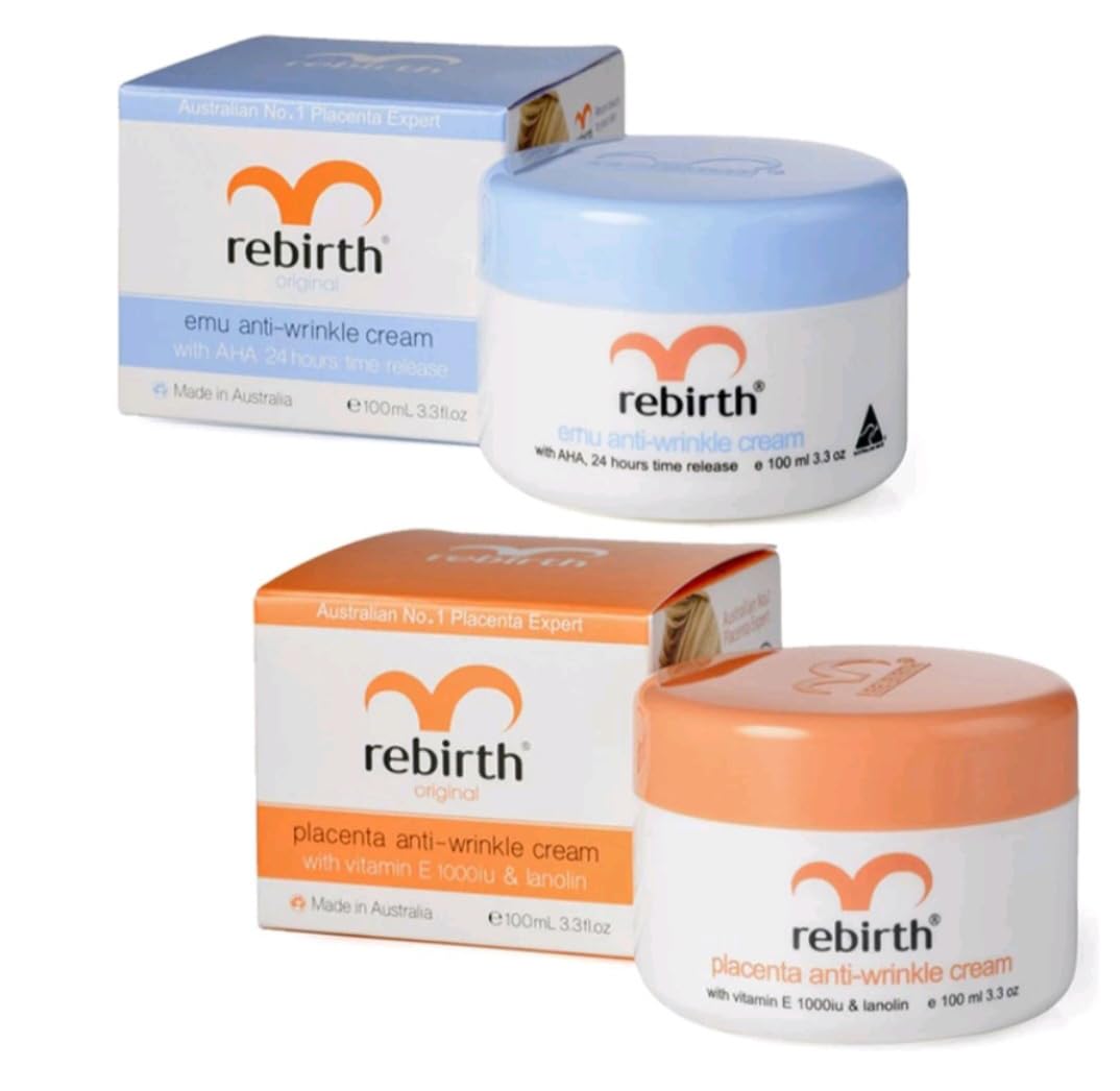 Set of 2 Rebirth Placenta Anti Wrinkle Cream Day Cream 100 Ml. + Rebirth Emu Anti-Winkle with AHA Night Cream 100 Ml. by Rebirth INC