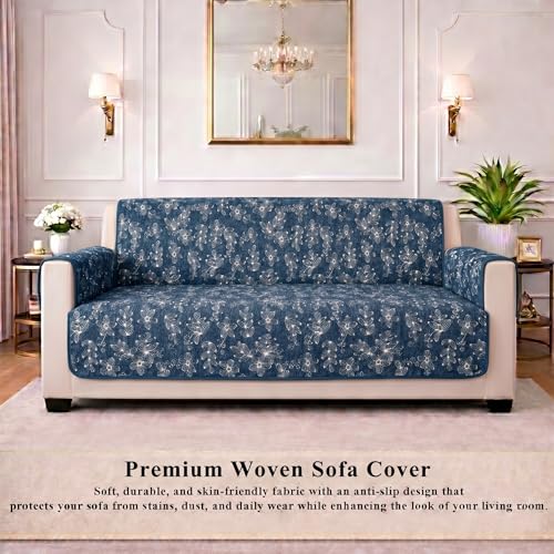 Image of STITCHNEST 'Opulence Series' Floral Woven Sofa Cover for 1 Seater | Premium Soft Fabric Sofa Protector | Blue Floral Pattern with Armrest Pockets | Durable Living Room Furniture Cover