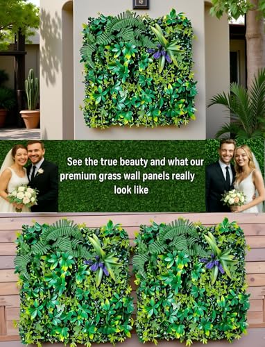 Artificial Grass Wall Panels for Indoor Outdoor, 12 Pack 20"x20" (33.4 Sq.Ft), Boxwood Panels, Greenery Backdrop for Home & Event Decor for Wedding with DIY Vines, Violet Flower, Light Strip