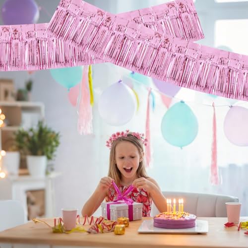 Image of BEISHIDA 3 Packs Metallic Foil Fringe Garland Pink Wall Hanging Tinsel Fringe Banners for Car Floats Birthday Baby Bridal Shower Wedding Graduation Holiday Party Decoration(30 Feet)