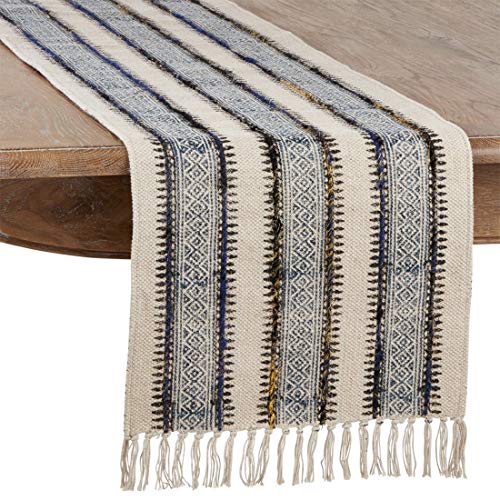 Fennco Styles Embroidered Block Print Tasseled Cotton Table Runner -