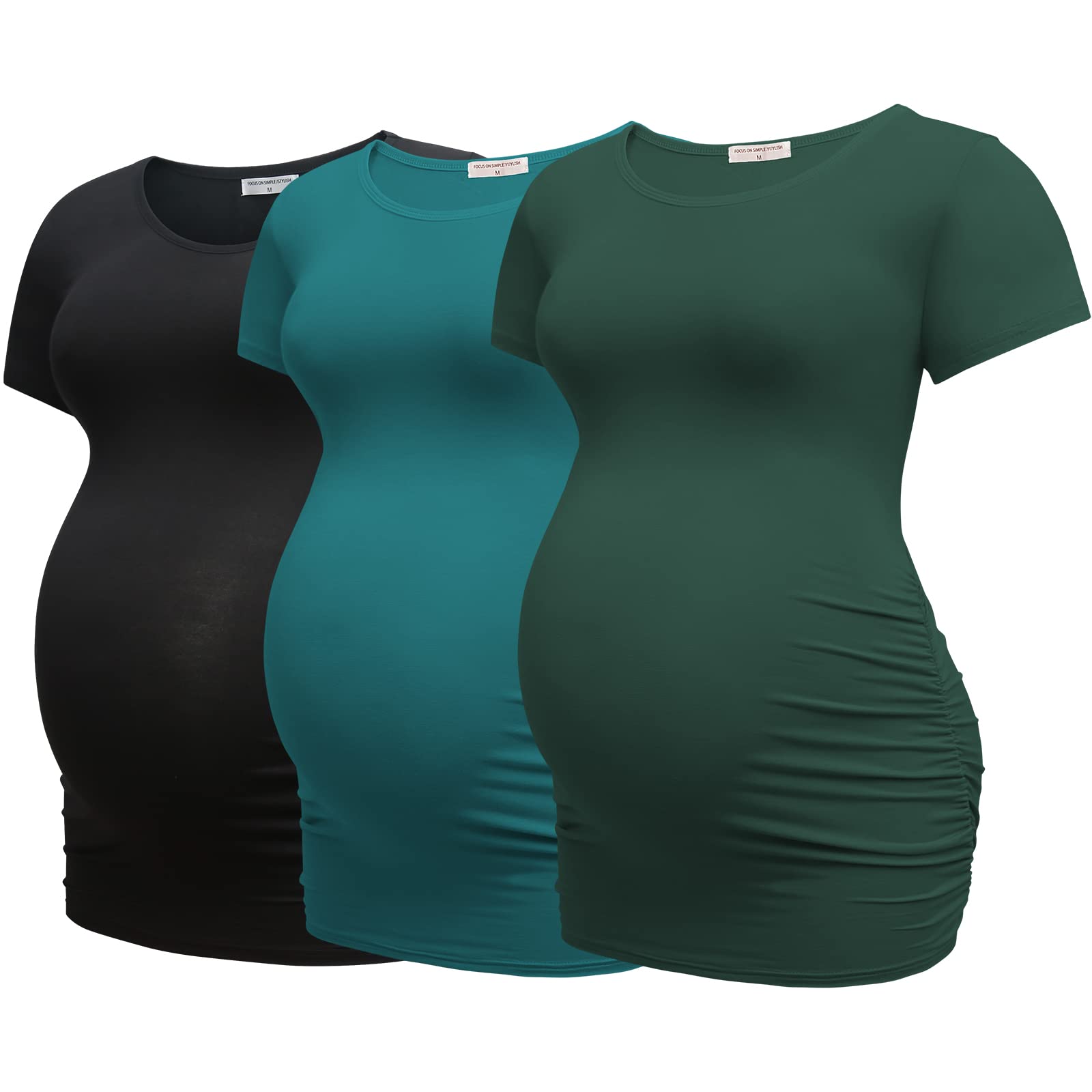 Bearsland Camiseta de maternidad para mujer, paquete de 3 unidades, camiseta clásica fruncida lateral, ropa de embarazo