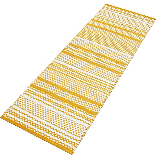 Image of Handwoven Cotton Runner for Bedroom, Kitchen, Balcony, etc. Size- 45X130cm, Machine Washable 8 mm Thick, Anti Slip, Yellow