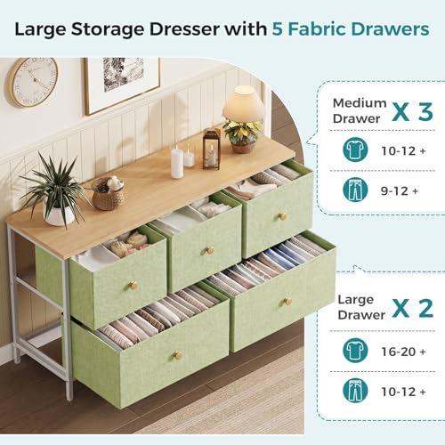 Image of OLIXIS 5 Drawer Dresser for Bedroom, Storage Organizer Unit for Closet | Chest of Drawers for Clothes Storage with Bins, Wide Fabric Bedroom Dresser, Wooden Top, Living Room, Light Green