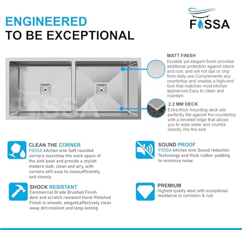 Image of Fossa 45x20x10 Inch Handmade Double Bowl Kitchen Sink | Premium Stainless Steel Sink with Waste Coupling, PVC Waste Pipe & Fruit Basket | Heavy-Duty for Modern Kitchens Silver (Matte Finish)
