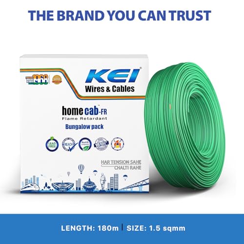 Image of KEI WIRES & CABLES Homecab 1.5 sqmm 1 Core 99.97% Pure Copper Conductor Flame Retardant House Wire PVC Insulated Cable for Domestic & Industrial Electrical Wiring (Green, 180 Meters)