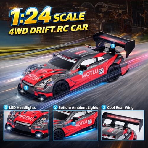 Image of High Speed RC Drift Car 20 KM /Hr 1:24 Scale 4WD Remote Control Racing Vehicle with LED Lights, Drift Wheels, Rechargeable Battery & Track Cones for Kids & Adults (Red)