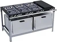 Fogão Industrial Profissional 6 Bocas com Chapa, 2 Fornos Luxo, Estrutura em Aço Inox, 30x30cm